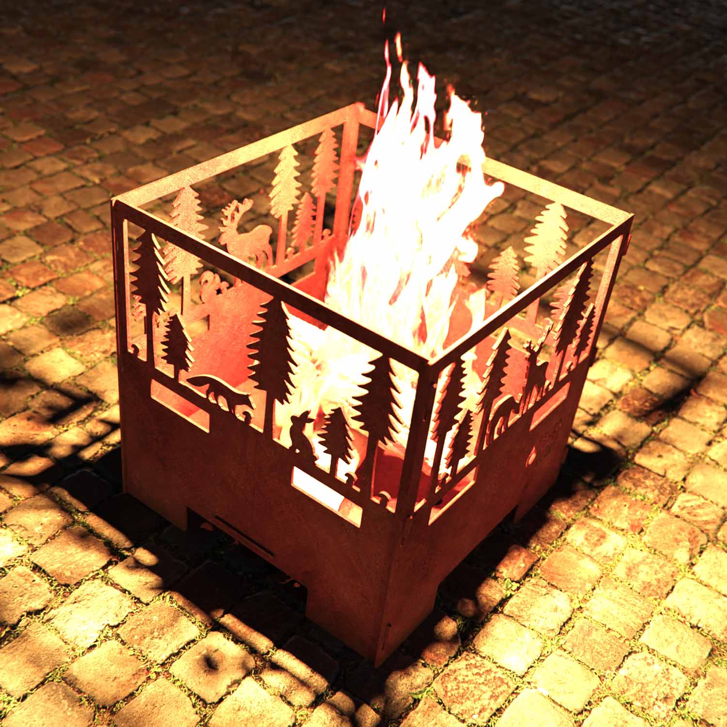 Feuerwürfel Feuerkorb aus Stahl, Motiv Wald, 45 x 45 x 45 cm