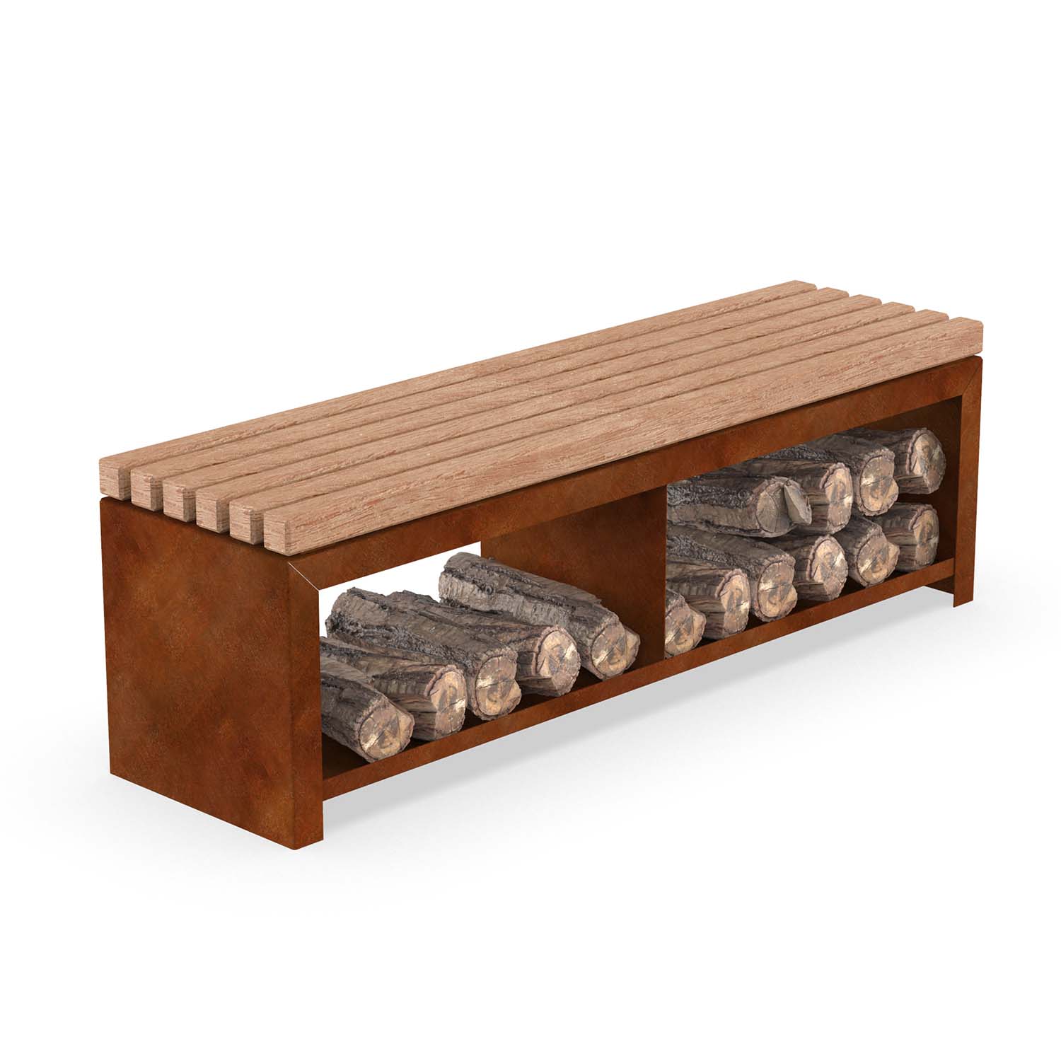 Gartenbank FlameShelter, Cortenstahl, Holz-Sitzfläche, mit versetzter Holzablage