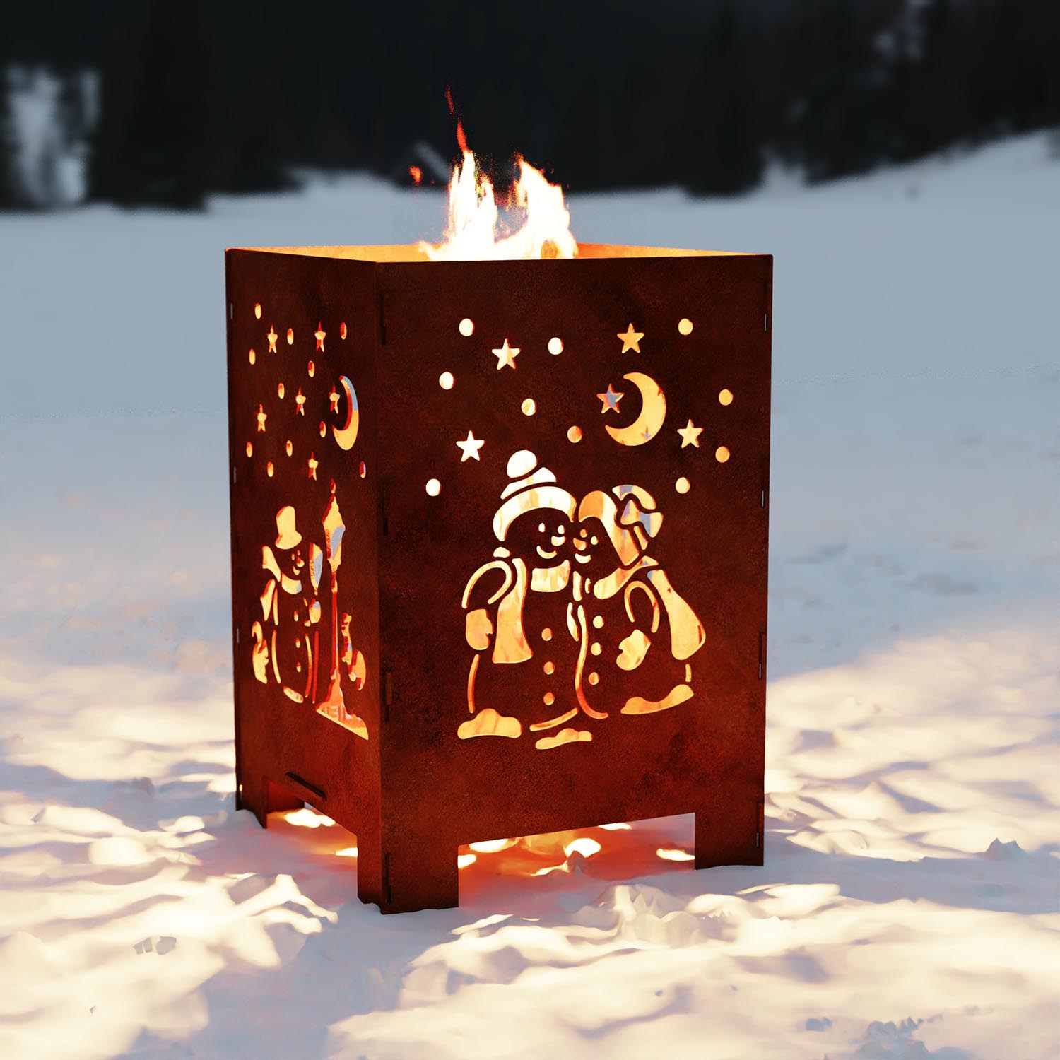 Feuerkorb aus Stahl, Motiv Schneemann, 40 x 40 x 60 cm, Materialstärke 4 mm