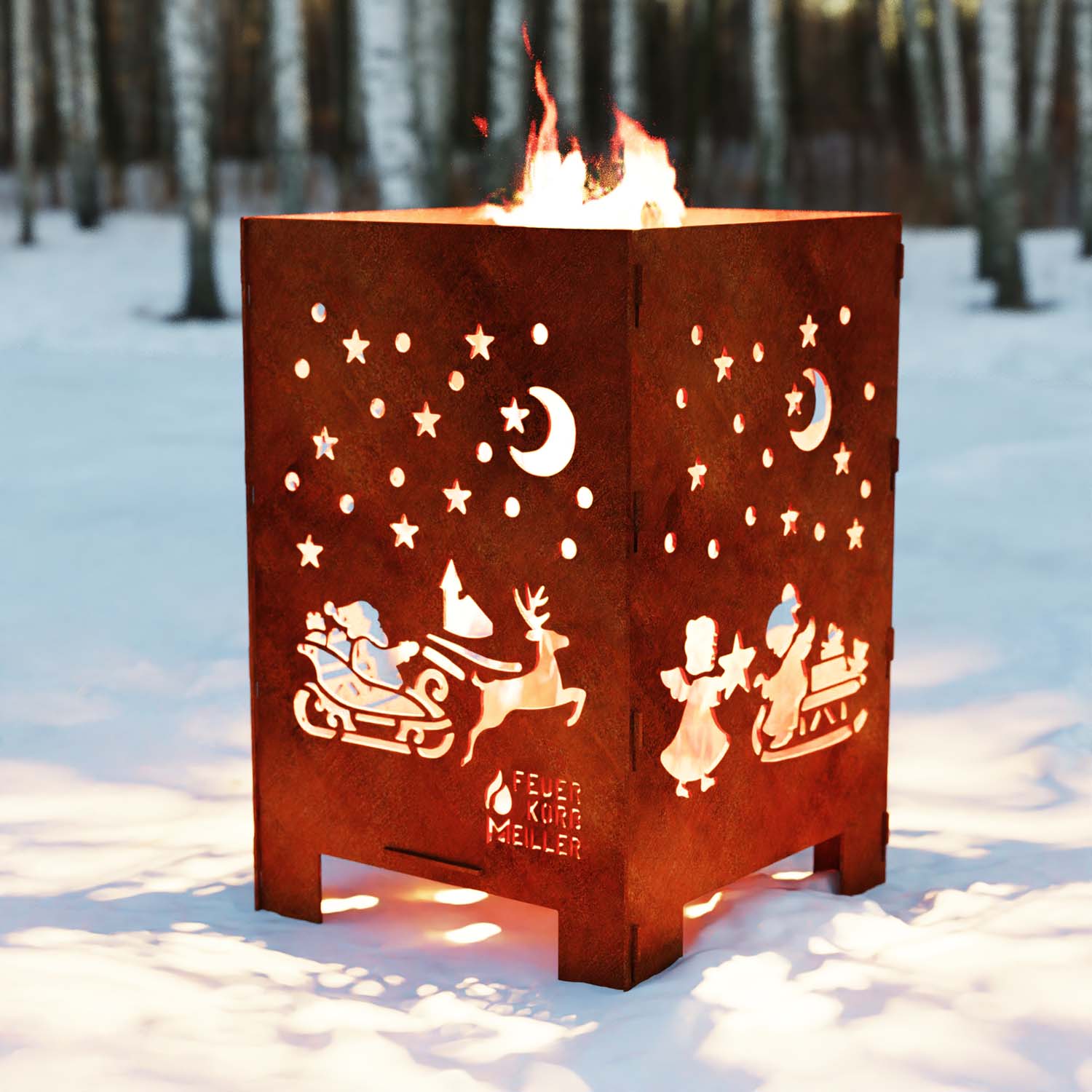 Feuerkorb aus Stahl, Motiv Weihnachtsschlitten, 40 x 40 x 60 cm, Materialstärke 4 mm