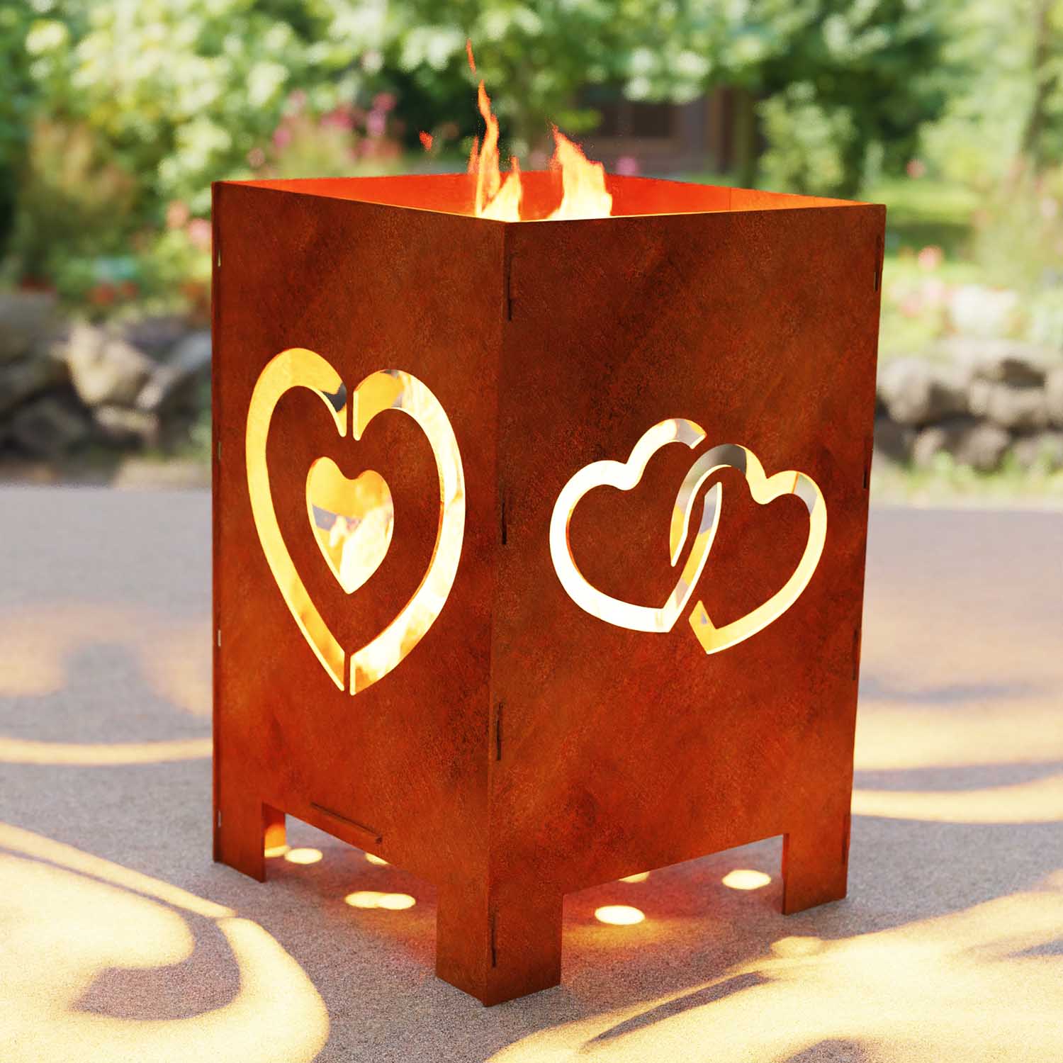 Feuerkorb aus Stahl, Motiv Herzen, 40 x 40 x 60 cm, Materialstärke 4 mm