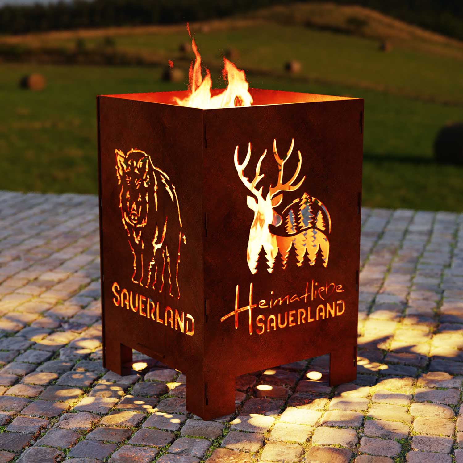 Feuerkorb aus Stahl, Motiv Heimatliebe Sauerland, 40 x 40 x 60 cm, Materialstärke 4 mm