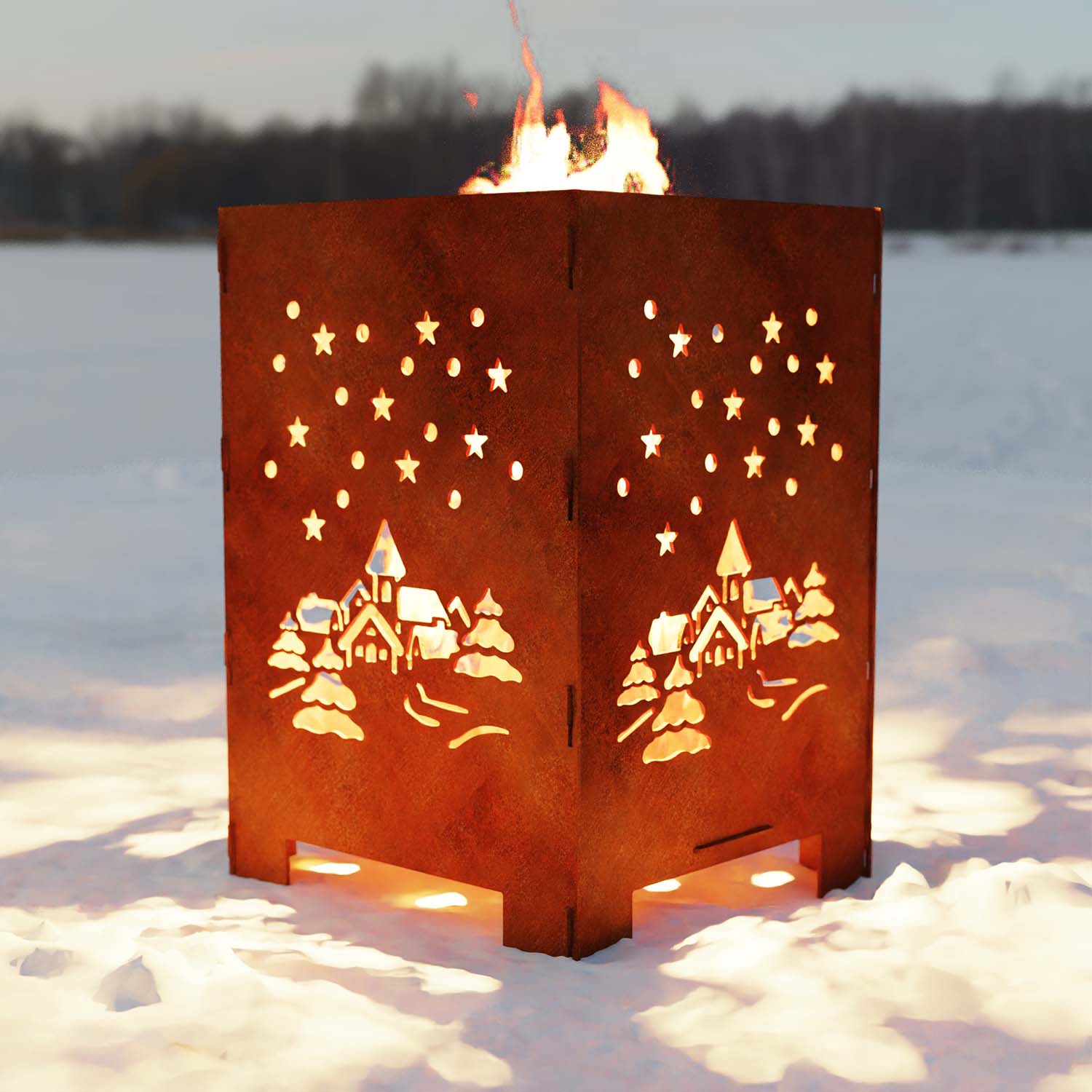 Feuerkorb aus Stahl, Motiv Weihnachtsdorf, 40 x 40 x 60 cm, Materialstärke 4 mm