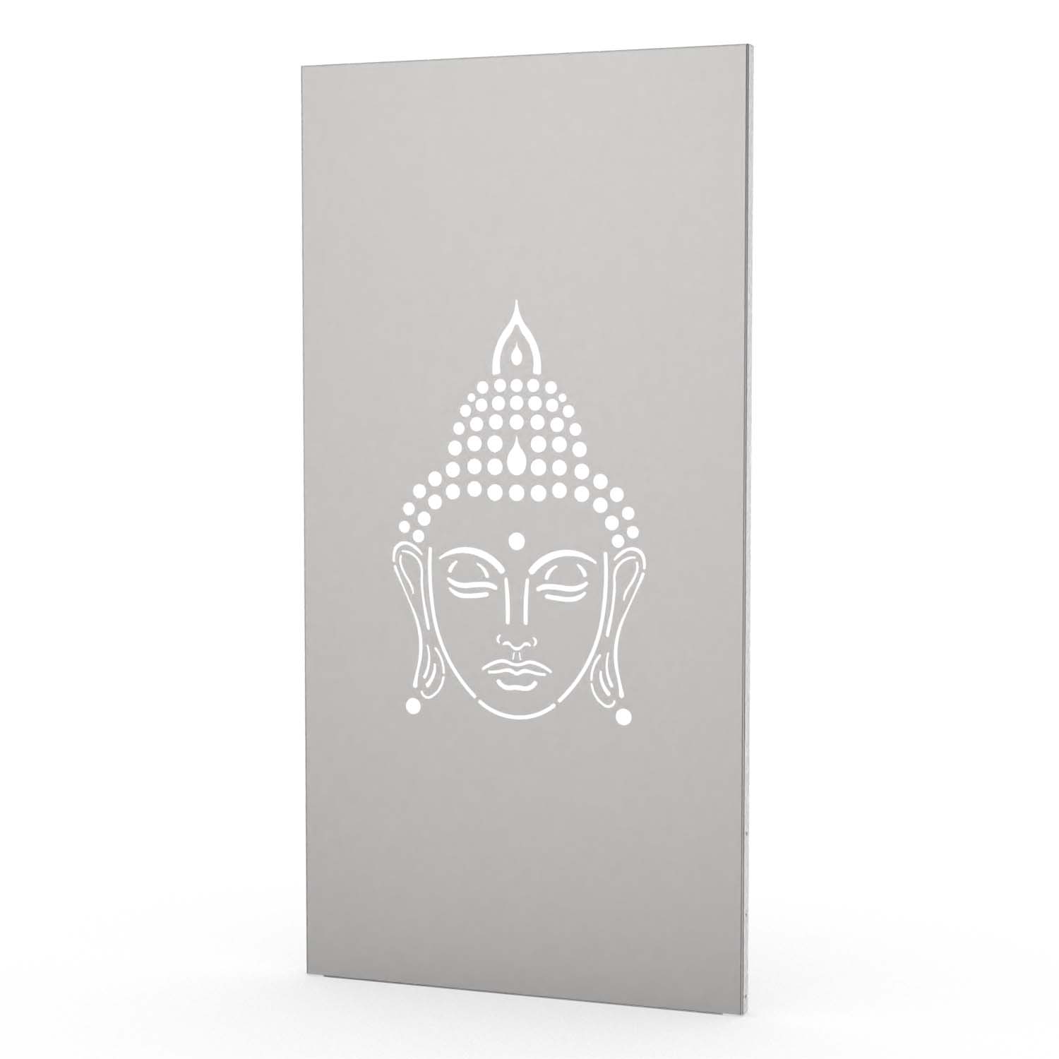 Sichtschutzwand aus Edelstahl, Motiv Buddha III, 1050 x 2100 x 2 mm, 50 mm gekantet